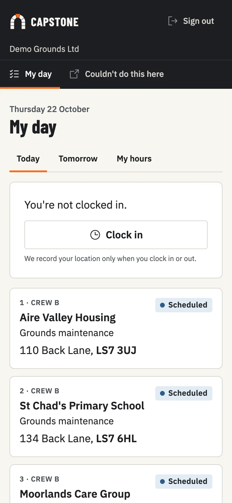 A crew lead's day on a phone: three visits in route order with addresses, and a Start button