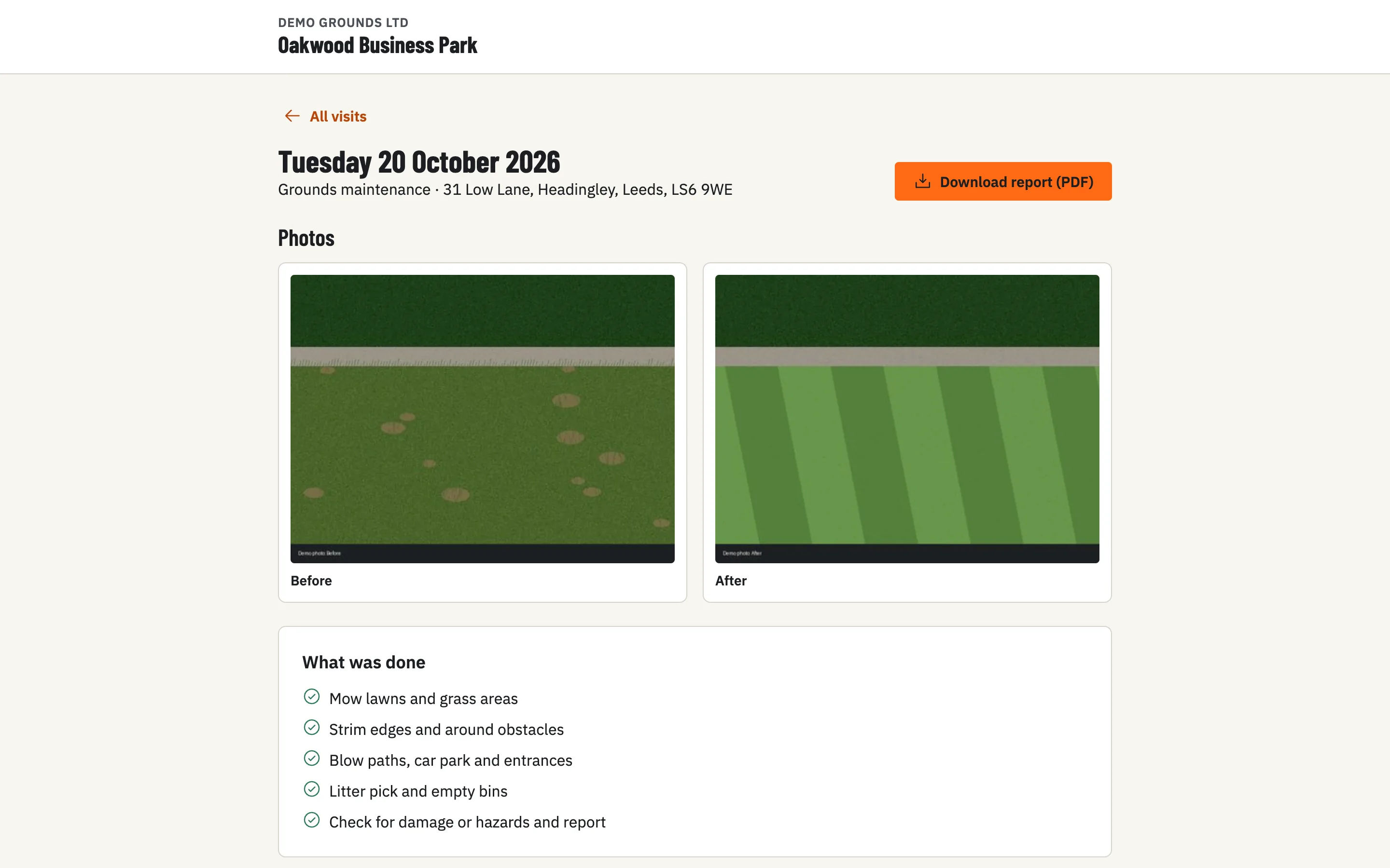 What the client sees through their portal link: before and after photos of a visit, what was done, and Download report